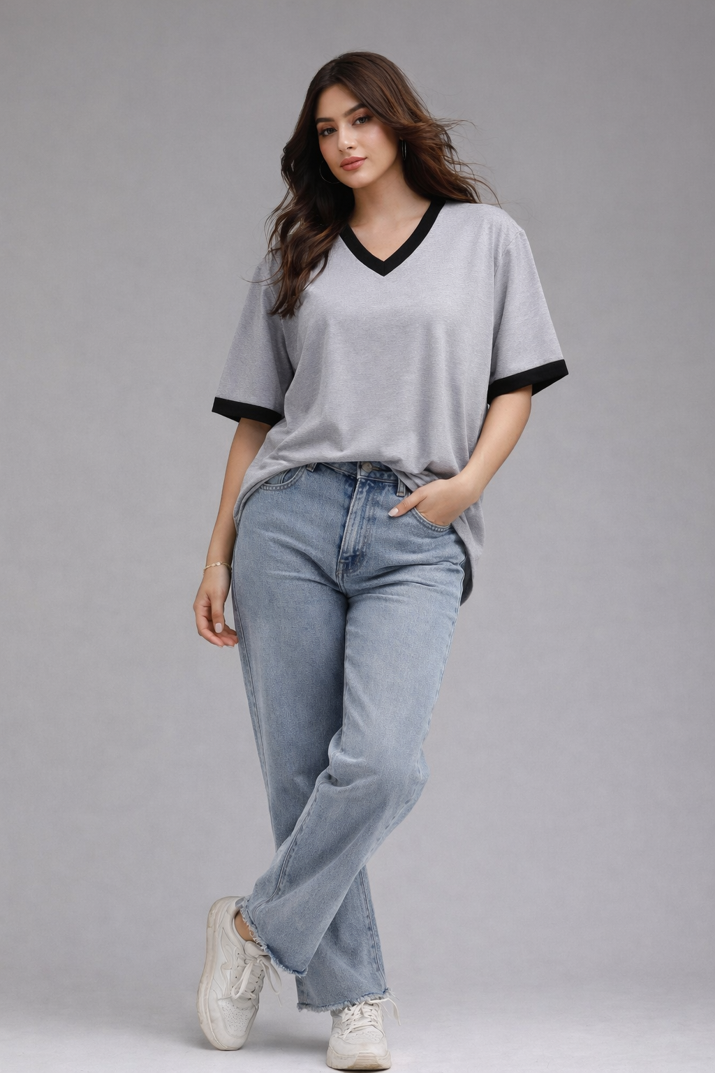 Women’s Grey V-Neck Contrast Cotton oversized T-Shirt