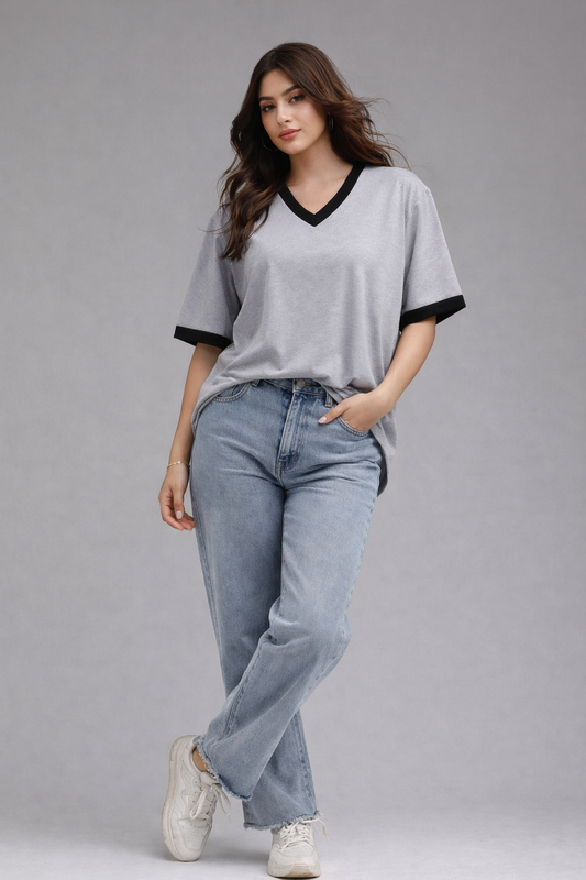 Women’s Grey V-Neck Contrast Cotton oversized T-Shirt