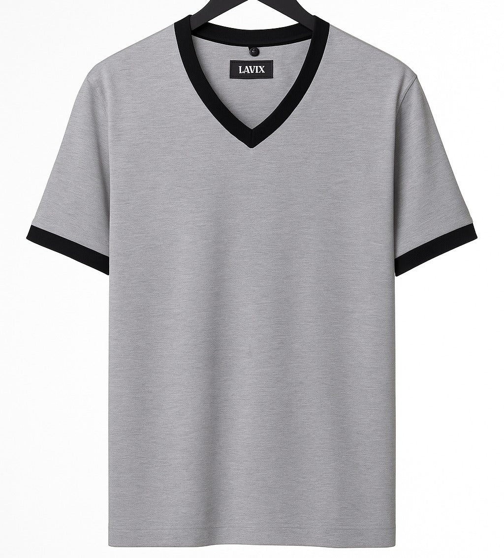 Women’s Grey V-Neck Contrast Cotton oversized T-Shirt